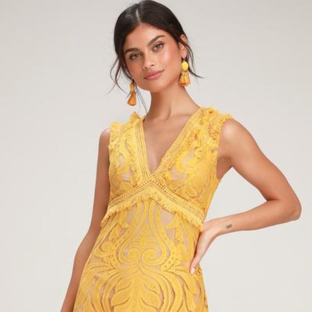 NEW Lulus Michi Golden Yellow Lace Mini Dress